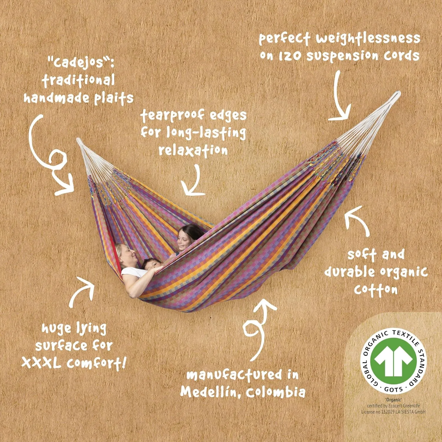 La Siesta® Flora Classic Organic Cotton Hammock - Indoor Outdoor Hammock, Patio Bed Tree Portable Hammock, 2 Person Double Hammock - King, Flower
