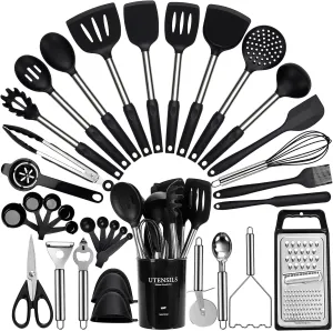 Large Cooking Utensils Set, 35 Pcs Spatula Set with Holder, Silicone Kitchen Utensils Set with Stainless Steel Handle, Cheese Grater, Scissors, Ice Cream Scoop, Pizza Cutter Kitchen Gadgets (Black)