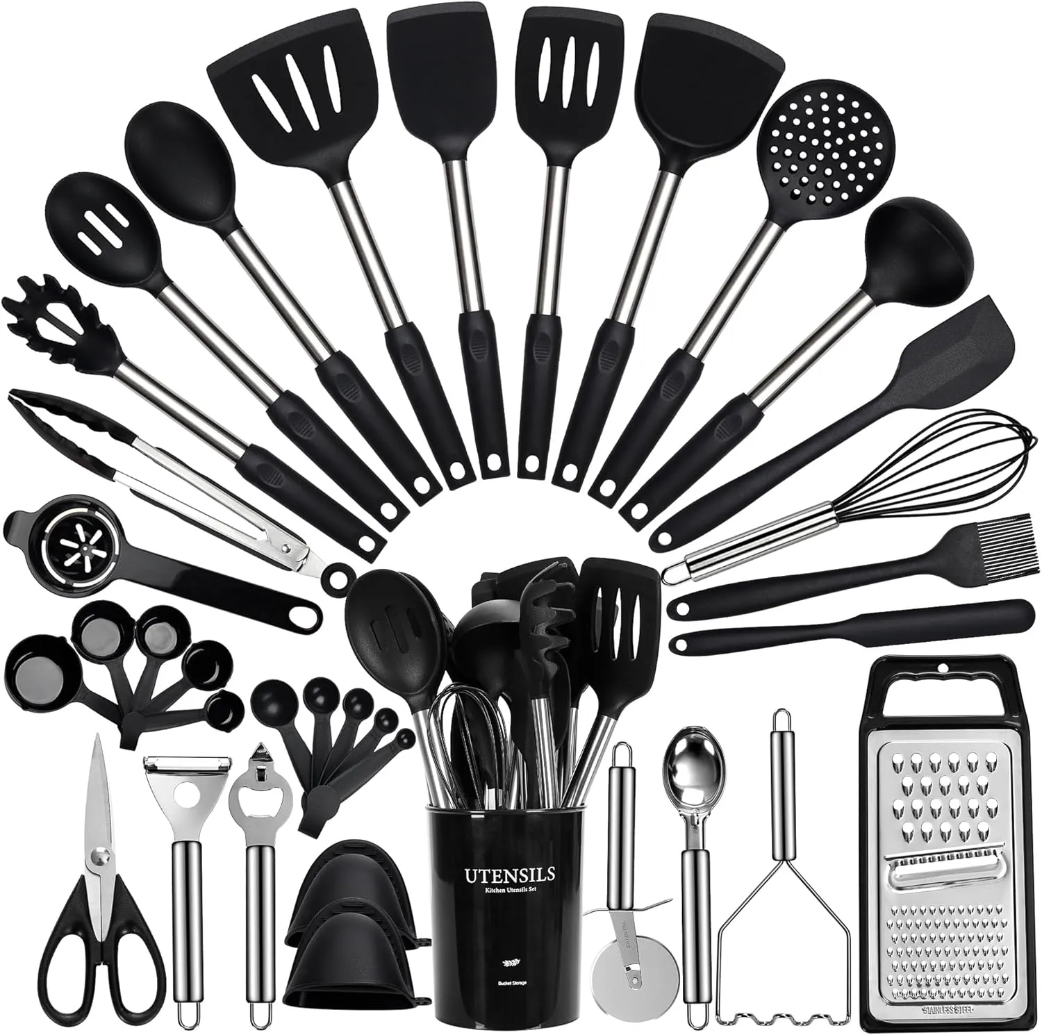 Large Cooking Utensils Set, 35 Pcs Spatula Set with Holder, Silicone Kitchen Utensils Set with Stainless Steel Handle, Cheese Grater, Scissors, Ice Cream Scoop, Pizza Cutter Kitchen Gadgets (Black)
