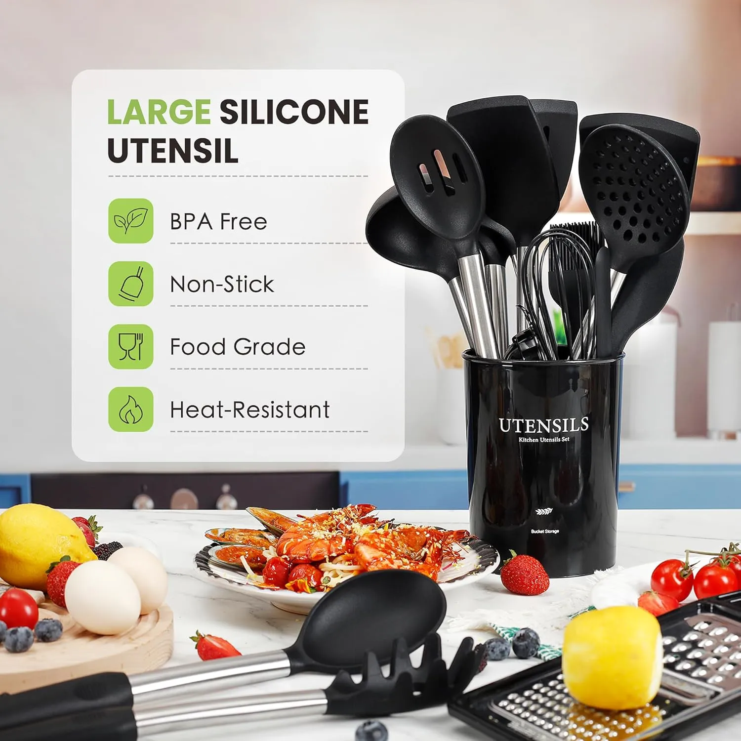 Large Cooking Utensils Set, 35 Pcs Spatula Set with Holder, Silicone Kitchen Utensils Set with Stainless Steel Handle, Cheese Grater, Scissors, Ice Cream Scoop, Pizza Cutter Kitchen Gadgets (Black)