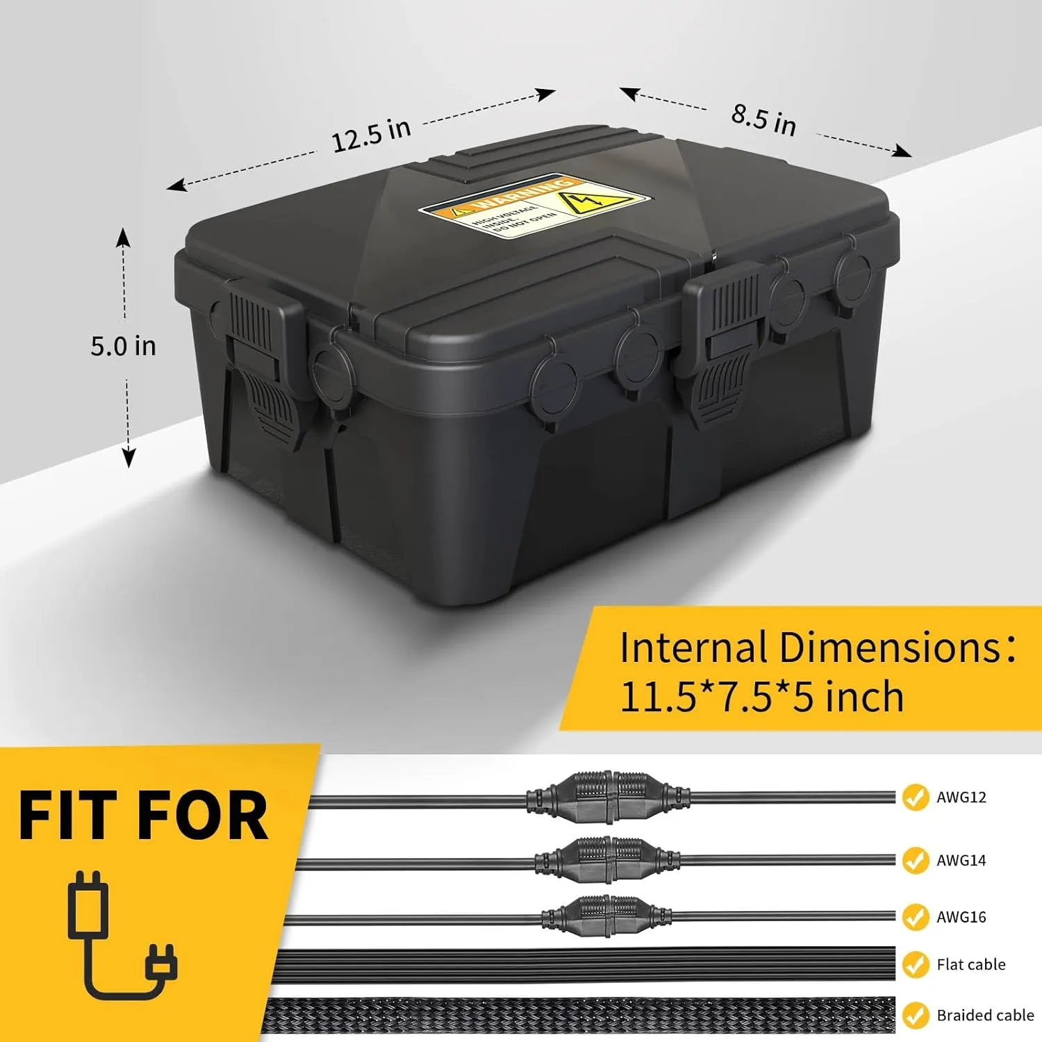 Large Outdoor Electrical Box Waterproof (12.5 x 8.5 x 5 Inch), IP54 Weatherproof Extension Cord Cover with 8 Cable Entry, Plug Protector Boxes for Outlet Plug Power Strip Holiday Light Outside, Black