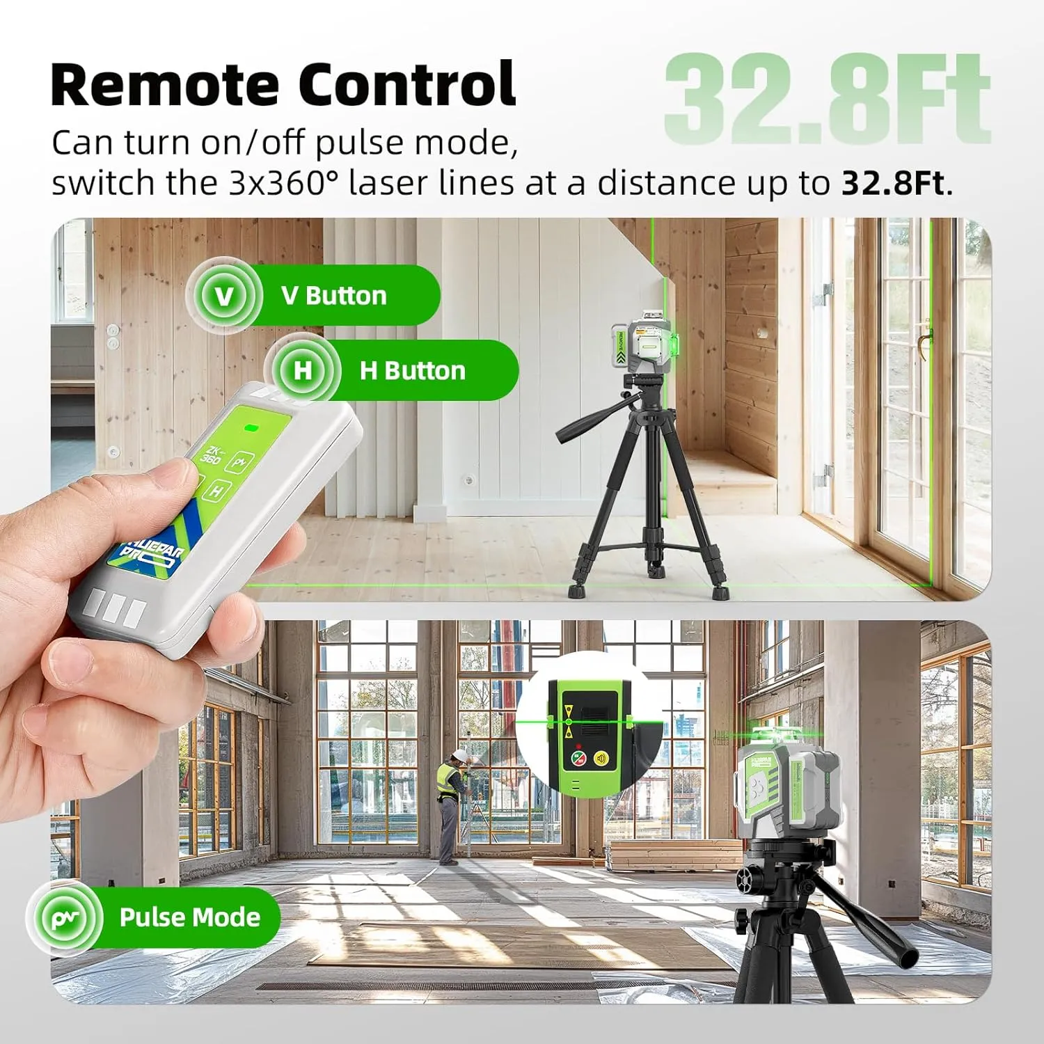 Laser Level, Huepar Pro 360 Self Leveling 3x360° High Brightness Cross Line Laser for Construction and Picture Hanging, 12 Green Laser Level Tool with 8000 mAh Rechargeable Battery & Remote Control