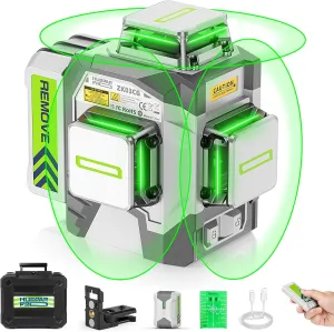 Laser Level, Huepar Pro 360 Self Leveling 3x360° High Brightness Cross Line Laser for Construction and Picture Hanging, 12 Green Laser Level Tool with 8000 mAh Rechargeable Battery & Remote Control
