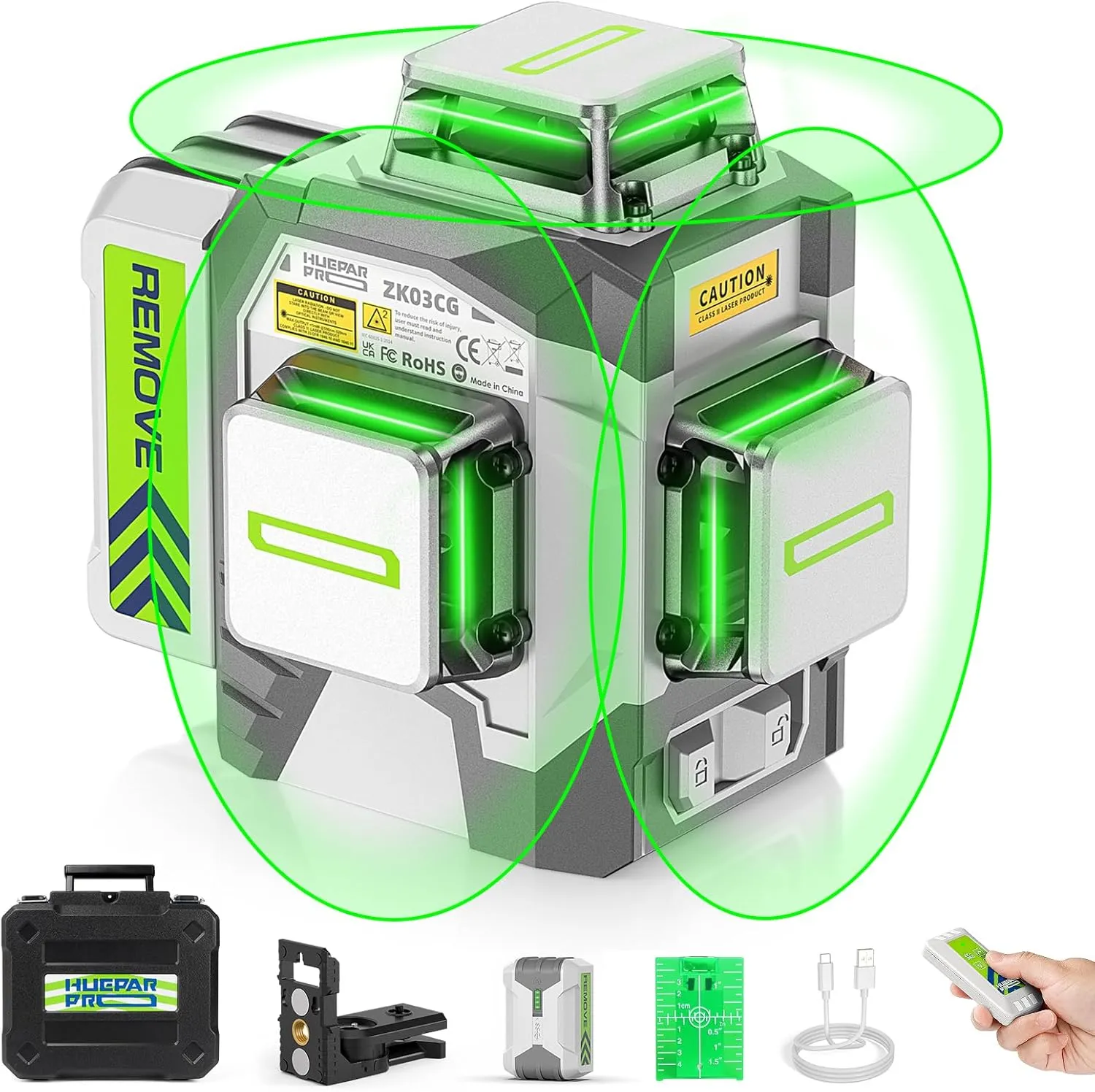 Laser Level, Huepar Pro 360 Self Leveling 3x360° High Brightness Cross Line Laser for Construction and Picture Hanging, 12 Green Laser Level Tool with 8000 mAh Rechargeable Battery & Remote Control