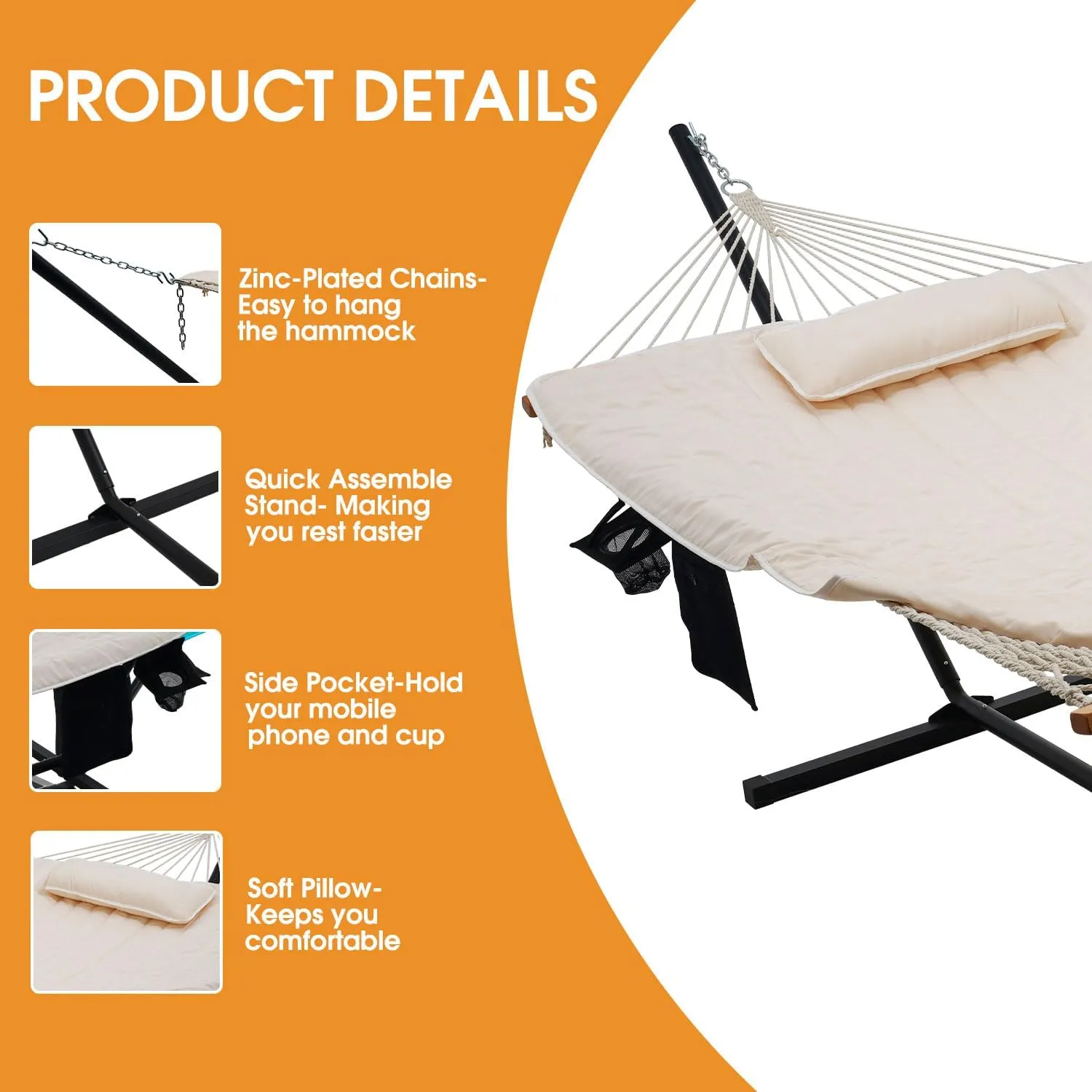 Lazy Daze Hammocks Double Outdoor Hammock with 12 ft Steel Stand, 2 Person Cotton Rope Hammock with Quilted Pad, Spreader Bars, Detachable Pillow, Mag Bag & Cup Holder, Beige