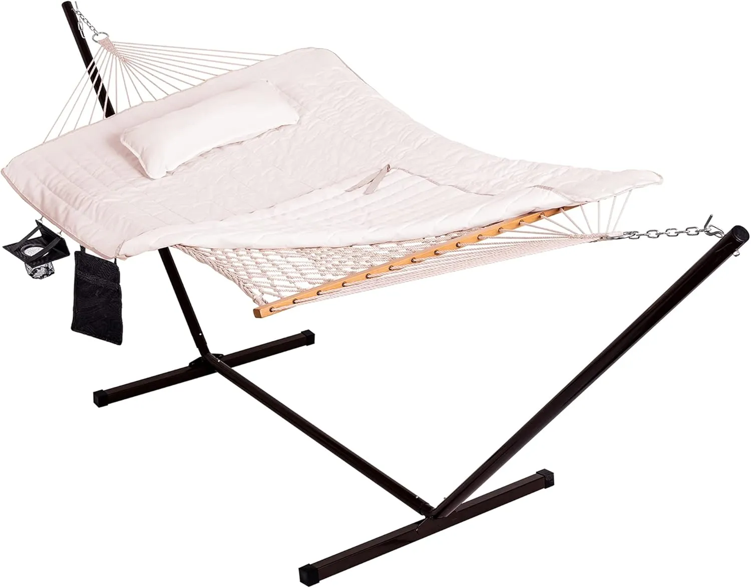 Lazy Daze Hammocks Double Outdoor Hammock with 12 ft Steel Stand, 2 Person Cotton Rope Hammock with Quilted Pad, Spreader Bars, Detachable Pillow, Mag Bag & Cup Holder, Beige