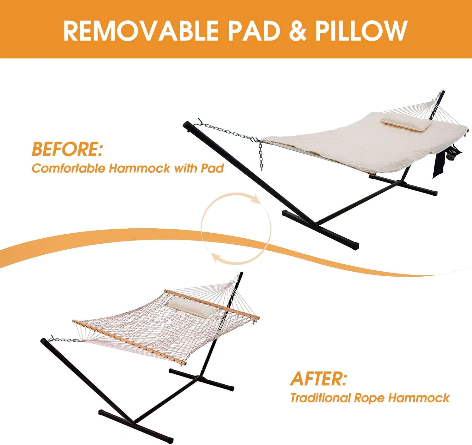 Lazy Daze Hammocks Double Outdoor Hammock with 12 ft Steel Stand, 2 Person Cotton Rope Hammock with Quilted Pad, Spreader Bars, Detachable Pillow, Mag Bag & Cup Holder, Beige