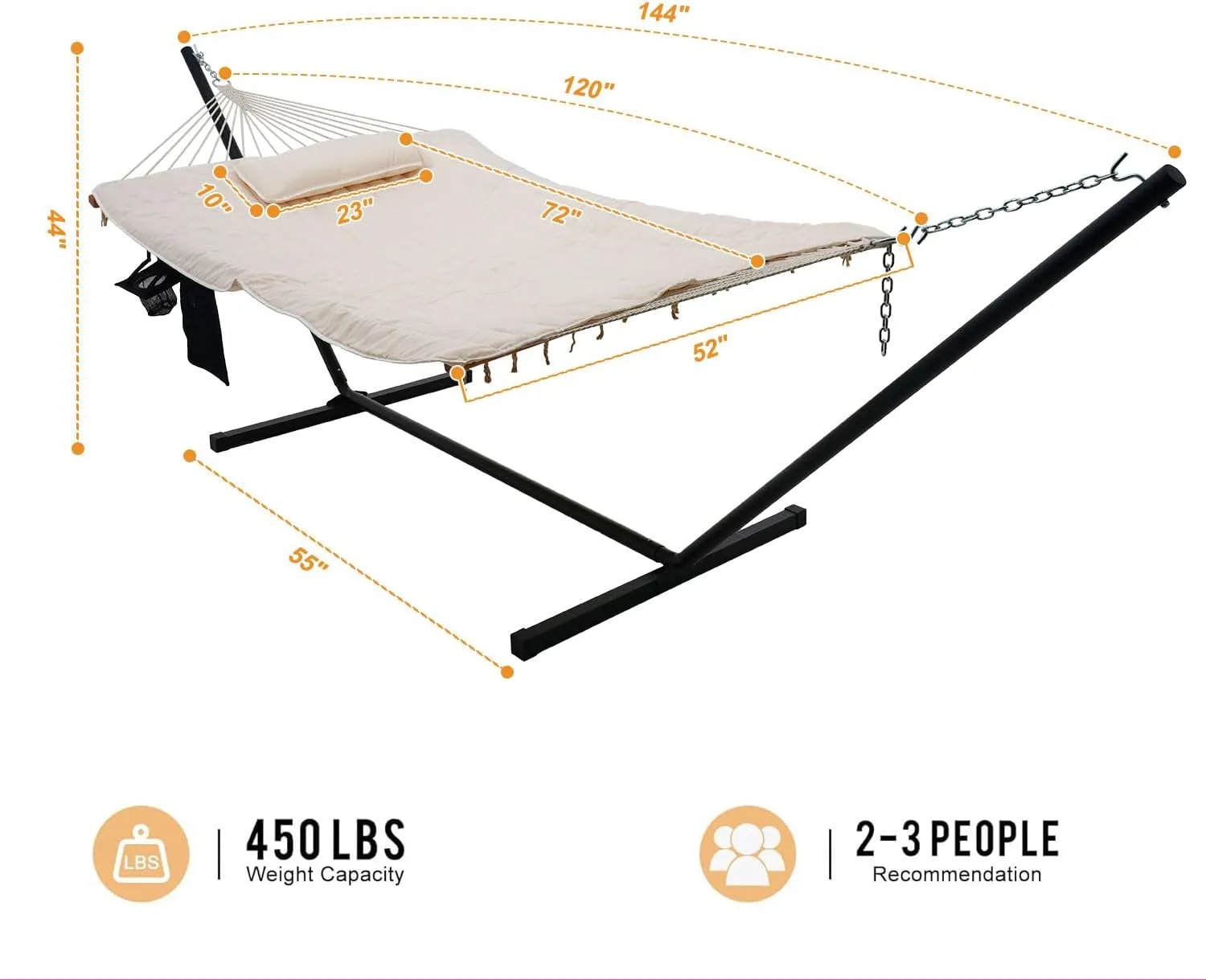 Lazy Daze Hammocks Double Outdoor Hammock with 12 ft Steel Stand, 2 Person Cotton Rope Hammock with Quilted Pad, Spreader Bars, Detachable Pillow, Mag Bag & Cup Holder, Beige