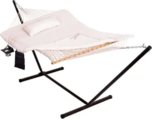 Lazy Daze Hammocks Double Outdoor Hammock with 12 ft Steel Stand, 2 Person Cotton Rope Hammock with Quilted Pad, Spreader Bars, Detachable Pillow, Mag Bag & Cup Holder, Beige