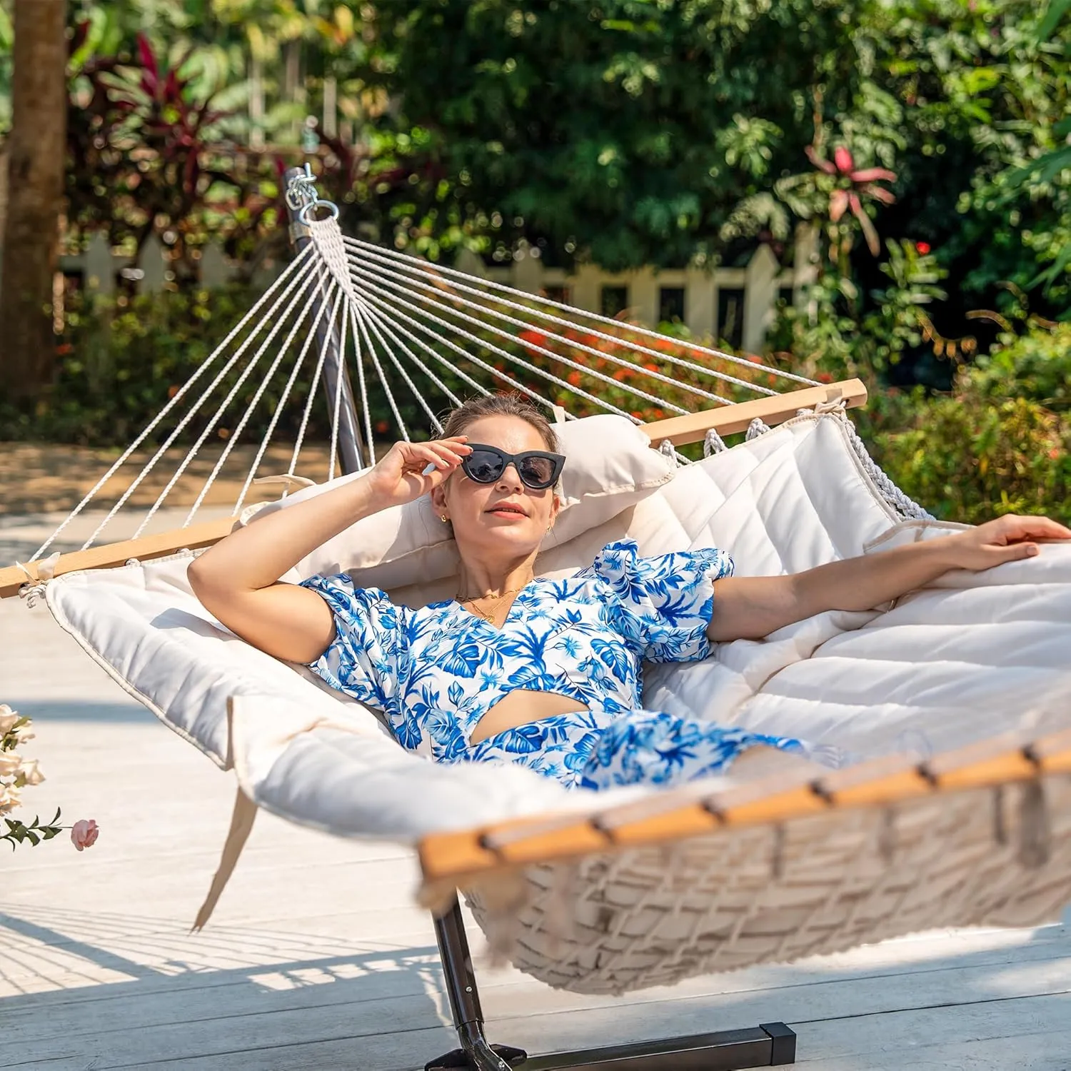 Lazy Daze Hammocks Double Outdoor Hammock with 12 ft Steel Stand, 2 Person Cotton Rope Hammock with Quilted Pad, Spreader Bars, Detachable Pillow, Mag Bag & Cup Holder, Beige