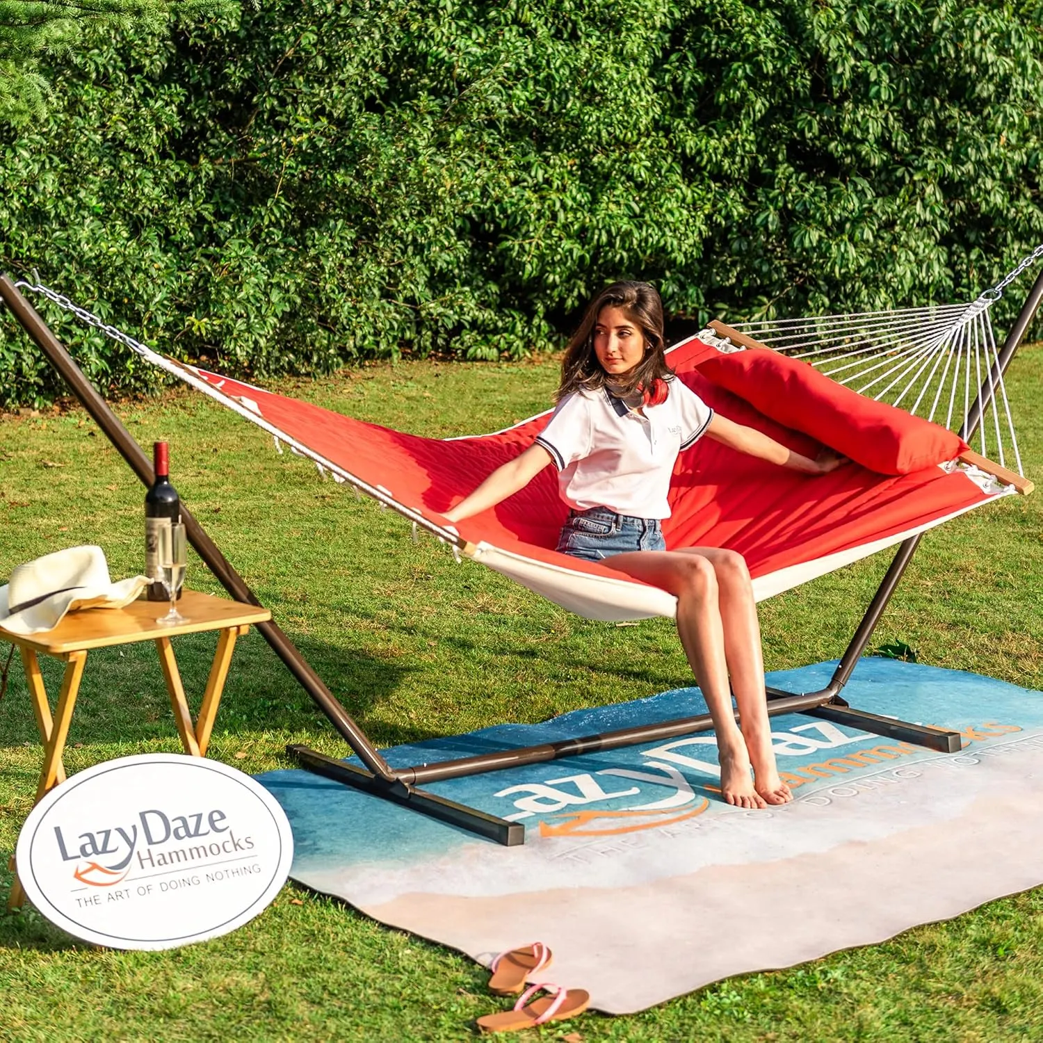 Lazy Daze Quilted Fabric Hammock with 12-Foot Stand, Double 2-Person Hammock with Pillow for Outdoor Outside Patio, Garden, Backyard, 450LB Capacity, Red