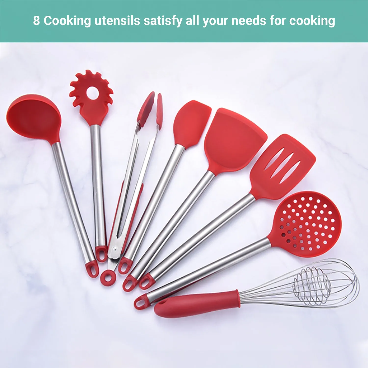 Lecluse Kitchen Utensil Set Silicone Non-Stick Cooking Stainless Steel 8Pcs