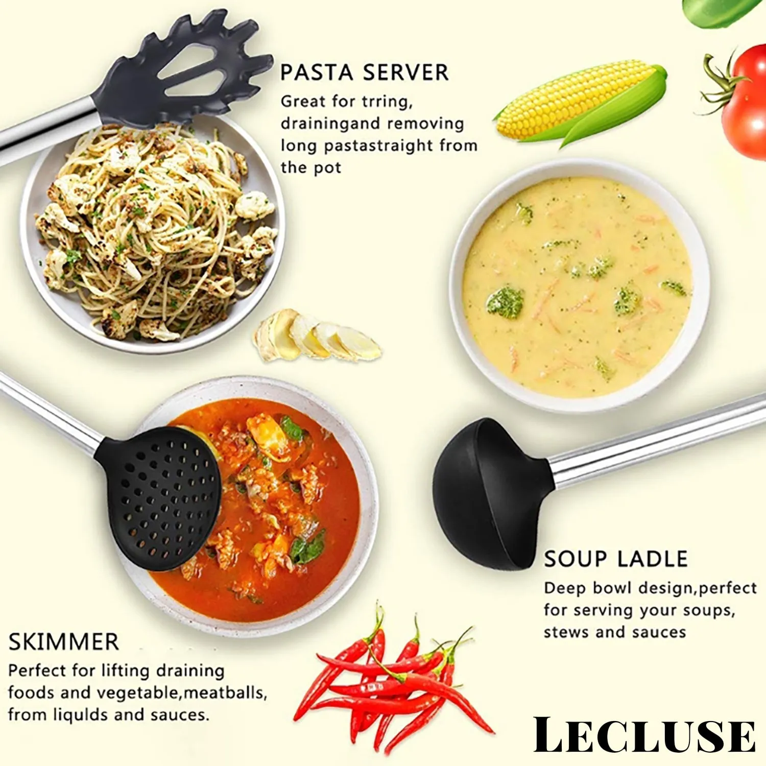Lecluse Kitchen Utensil Set Silicone Non-Stick Cooking Stainless Steel 8Pcs