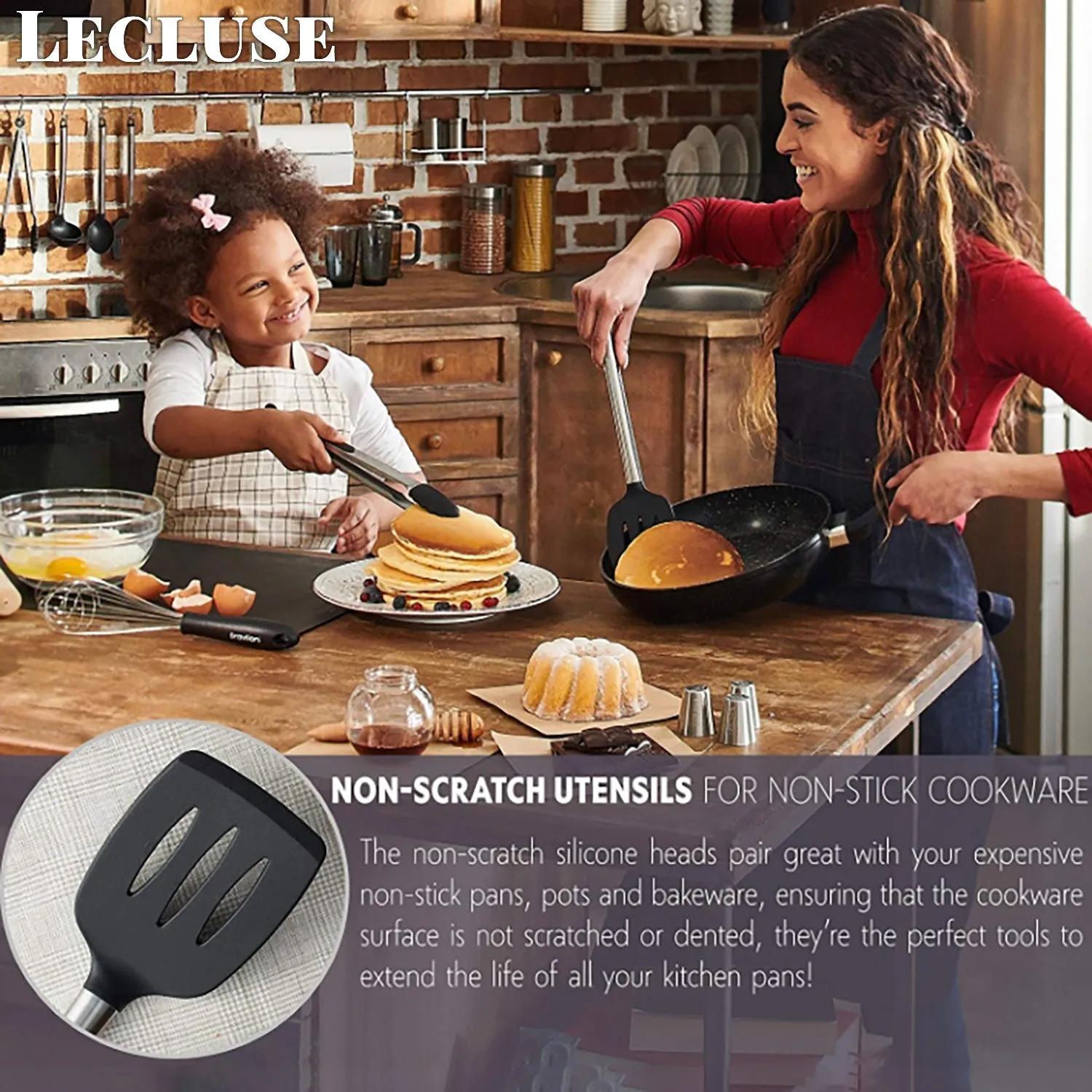 Lecluse Kitchen Utensil Set Silicone Non-Stick Cooking Stainless Steel 8Pcs