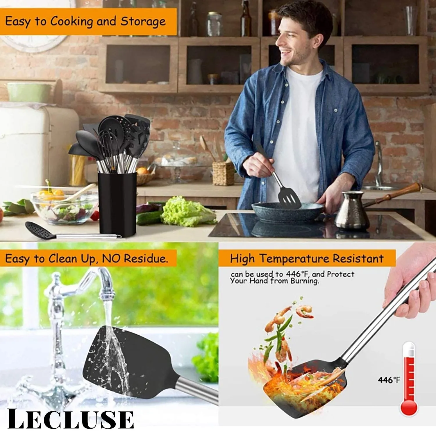 Lecluse Kitchen Utensil Set Silicone Non-Stick Cooking Stainless Steel 8Pcs