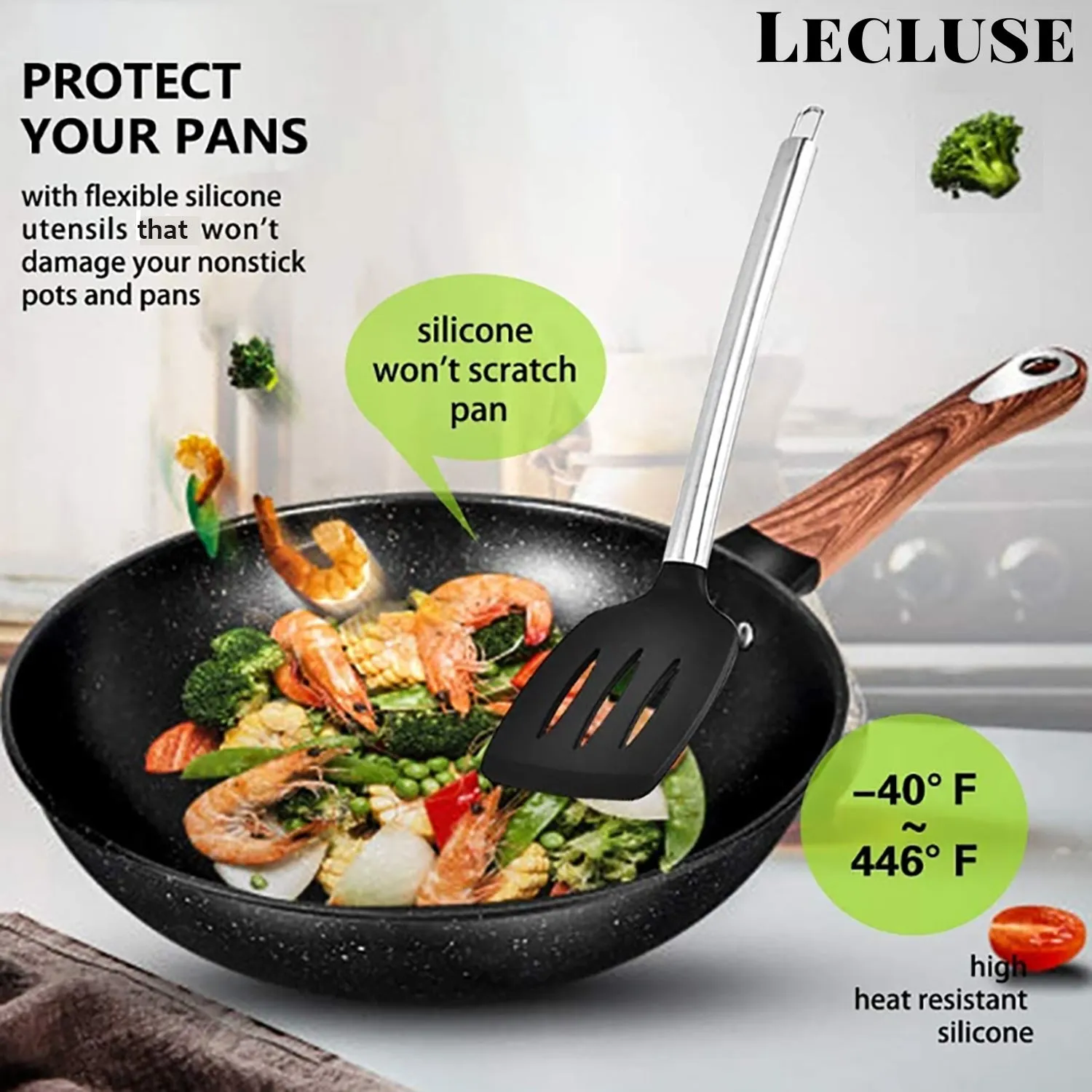 Lecluse Kitchen Utensil Set Silicone Non-Stick Cooking Stainless Steel 8Pcs
