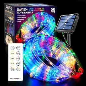 LED Solar Rope Lights Outdoor Waterproof, 50Ft Indoor/Outdoor Rope Lights for Outside, USB/Solar Powered, Remote Included, 8 Color Changing Light Modes, As Seen On Tv