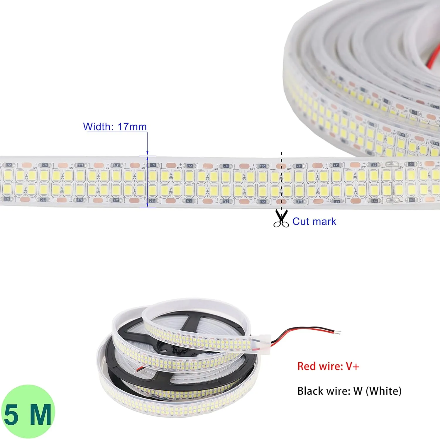 LED Strip Lights Cold White 6500K 16.4ft Double Row 2835 SMD 2400LEDs DC 12V Daylight Bright LED Tape Light Flexible Dimmable Ribbon Lamp 5M Waterproof IP67 Outdoor Lighting Decor