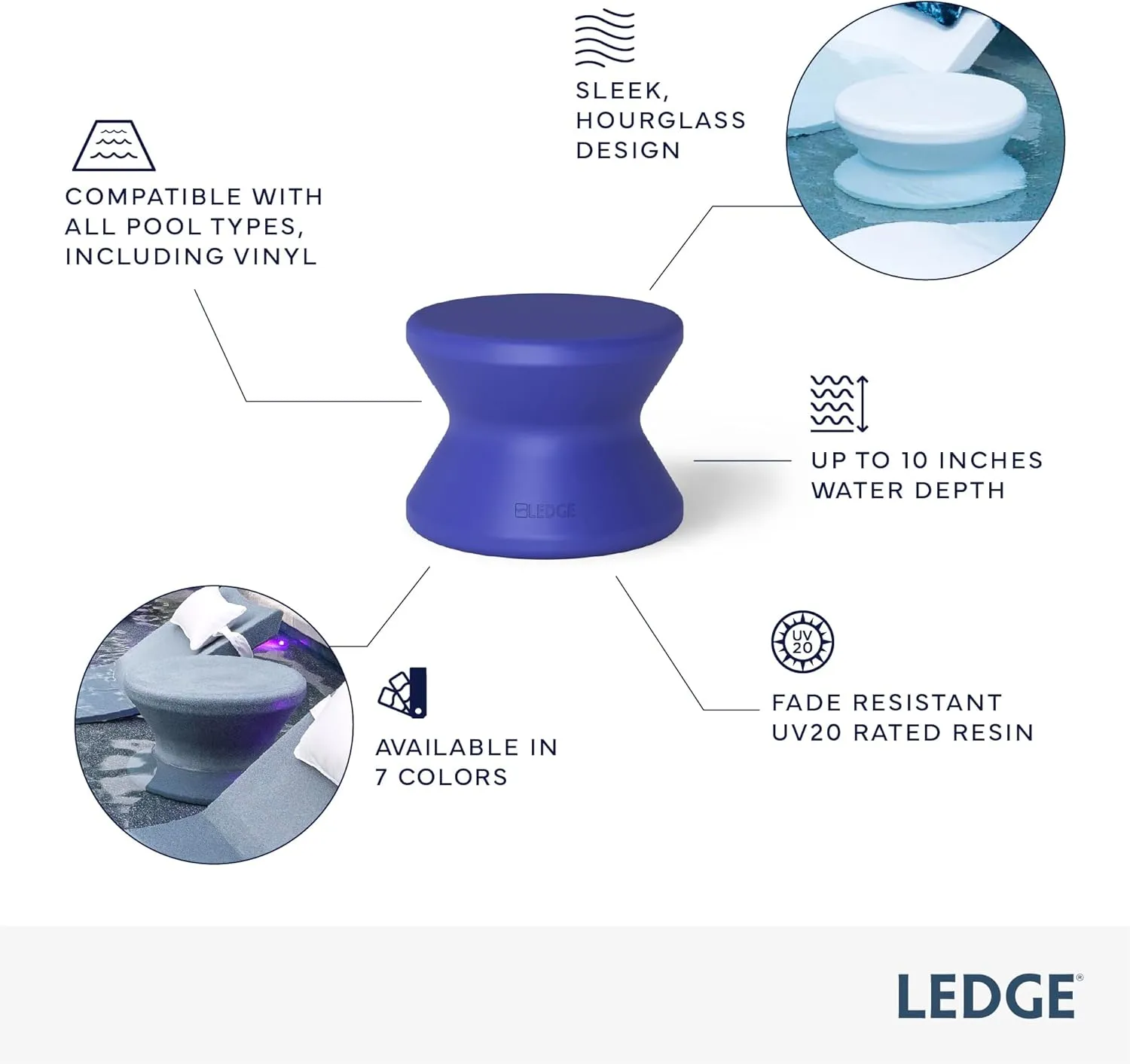 Ledge Lounger Signature Side Table - in Pool Side Table for Pool Ledges up to 10" inches deep - Indoor -Outdoor All Weather Table for Porch, Patio, Garden, Backyard, Pool and Beach (White)