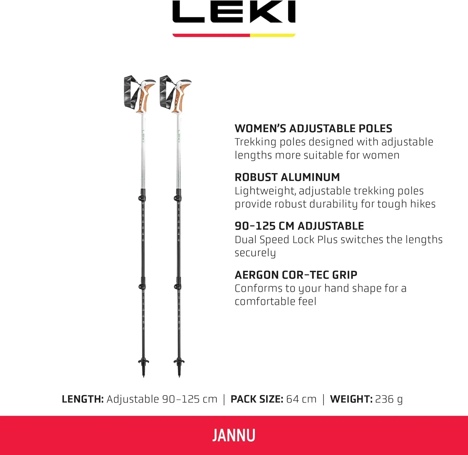 LEKI Jannu Aluminum Adjustable Lightweight Walking Poles for Trekking & Hiking