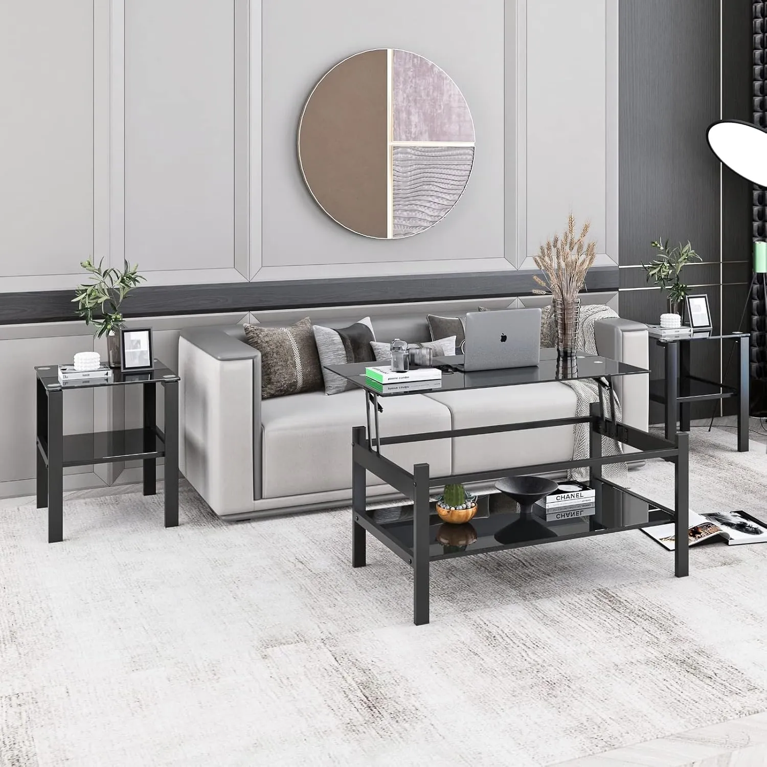 Lift Top Coffee Table Set of 3 Piece, Black Glass Living Room Table Set, Black Glass Coffee Table and End Table Sets (Set of 3)