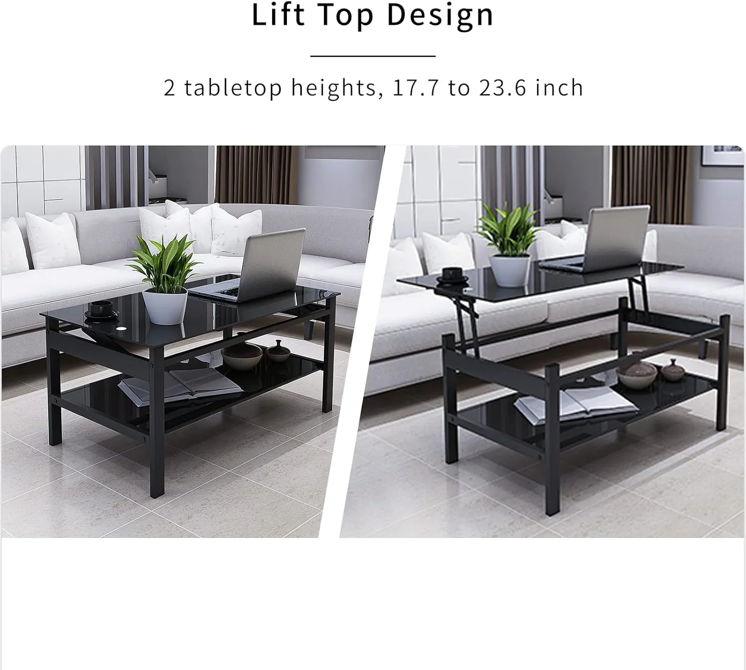 Lift Top Coffee Table Set of 3 Piece, Black Glass Living Room Table Set, Black Glass Coffee Table and End Table Sets (Set of 3)