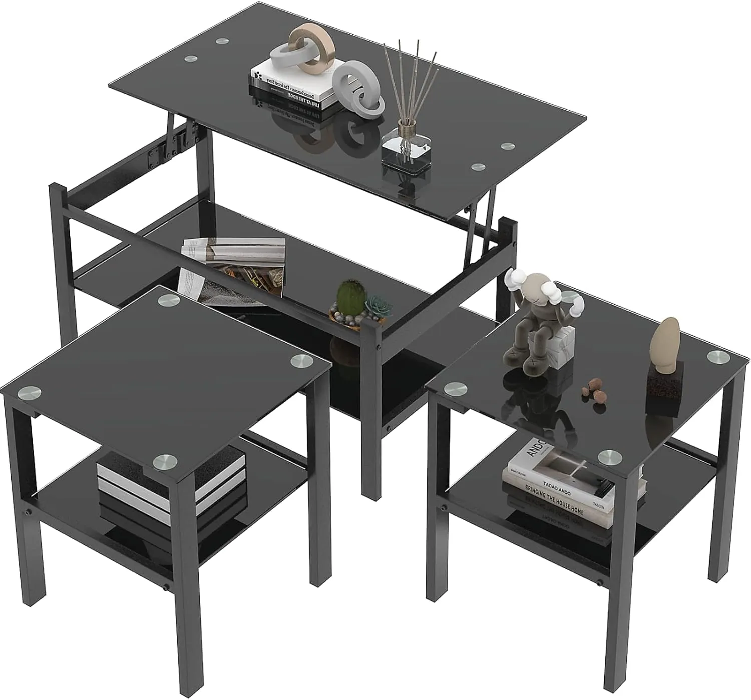 Lift Top Coffee Table Set of 3 Piece, Black Glass Living Room Table Set, Black Glass Coffee Table and End Table Sets (Set of 3)