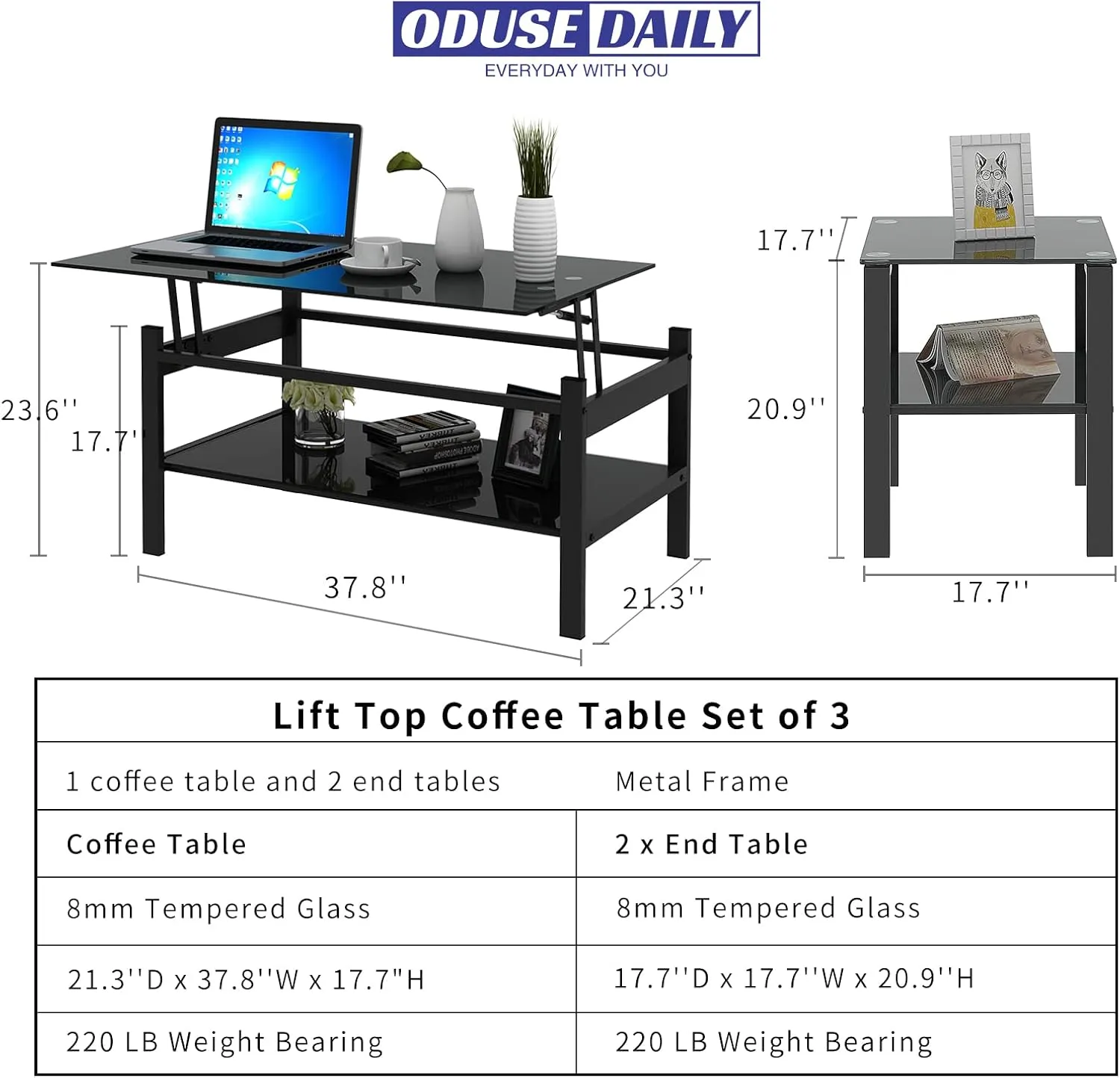 Lift Top Coffee Table Set of 3 Piece, Black Glass Living Room Table Set, Black Glass Coffee Table and End Table Sets (Set of 3)