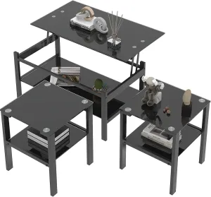 Lift Top Coffee Table Set of 3 Piece, Black Glass Living Room Table Set, Black Glass Coffee Table and End Table Sets (Set of 3)