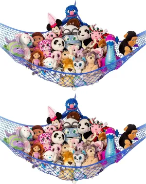 Lilly's Love Large Stuffed Animal Hammock | Corner Hanging Organizer, Stuffed Animal Storage | Easy to Hang Plushie Net w/Included Anchors & Hooks | Cute Room & Bedroom Decor (Blue, 2 Pack)