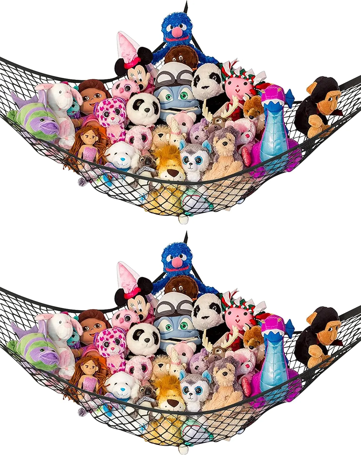 Lilly's Love Stuffed Animal Hammock | Corner Hanging Organizer, Stuffed Animal Storage | Easy to Hang Plushie Net w/Included Anchors & Hooks | Cute Room & Bedroom Decor (Black, 2 Pack)