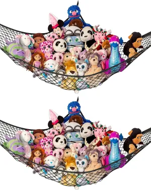 Lilly's Love Stuffed Animal Hammock | Corner Hanging Organizer, Stuffed Animal Storage | Easy to Hang Plushie Net w/Included Anchors & Hooks | Cute Room & Bedroom Decor (Black, 2 Pack)
