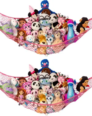 Lilly's Love Stuffed Animal Hammock | Corner Hanging Organizer, Stuffed Animal Storage | Easy to Hang Plushie Net w/Included Anchors & Hooks | Cute Room & Bedroom Decor (Coral, 2 Pack)