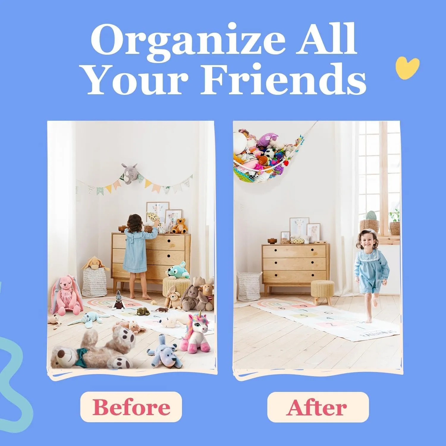 Lilly's Love Stuffed Animal Hammock | Corner Hanging Organizer, Stuffed Animal Storage | Easy to Hang Plushie Net w/Included Anchors & Hooks | Cute Room & Bedroom Decor (Gray, 2 Pack)