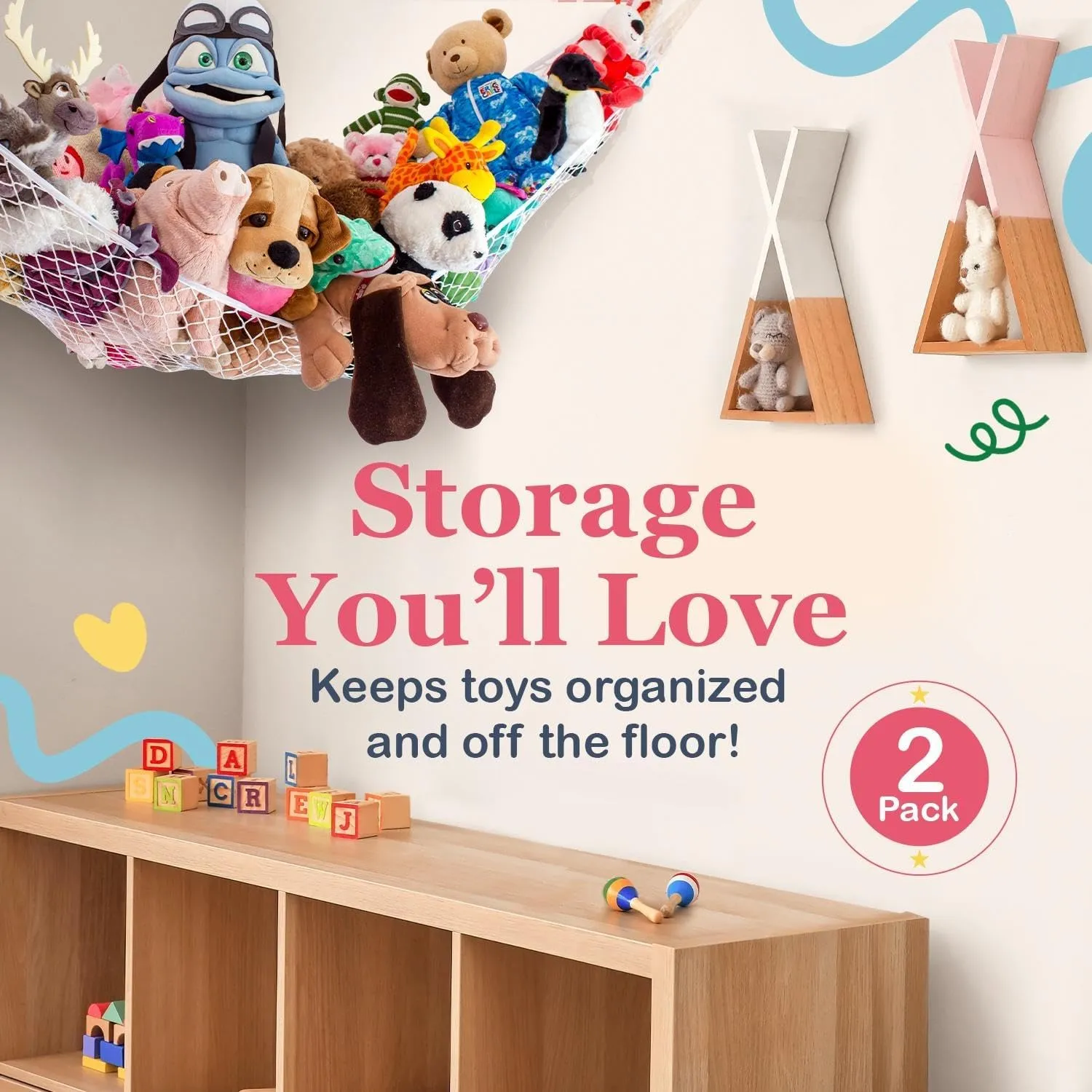 Lilly's Love Stuffed Animal Hammock | Corner Hanging Organizer, Stuffed Animal Storage | Easy to Hang Plushie Net w/Included Anchors & Hooks | Cute Room & Bedroom Decor (Gray, 2 Pack)