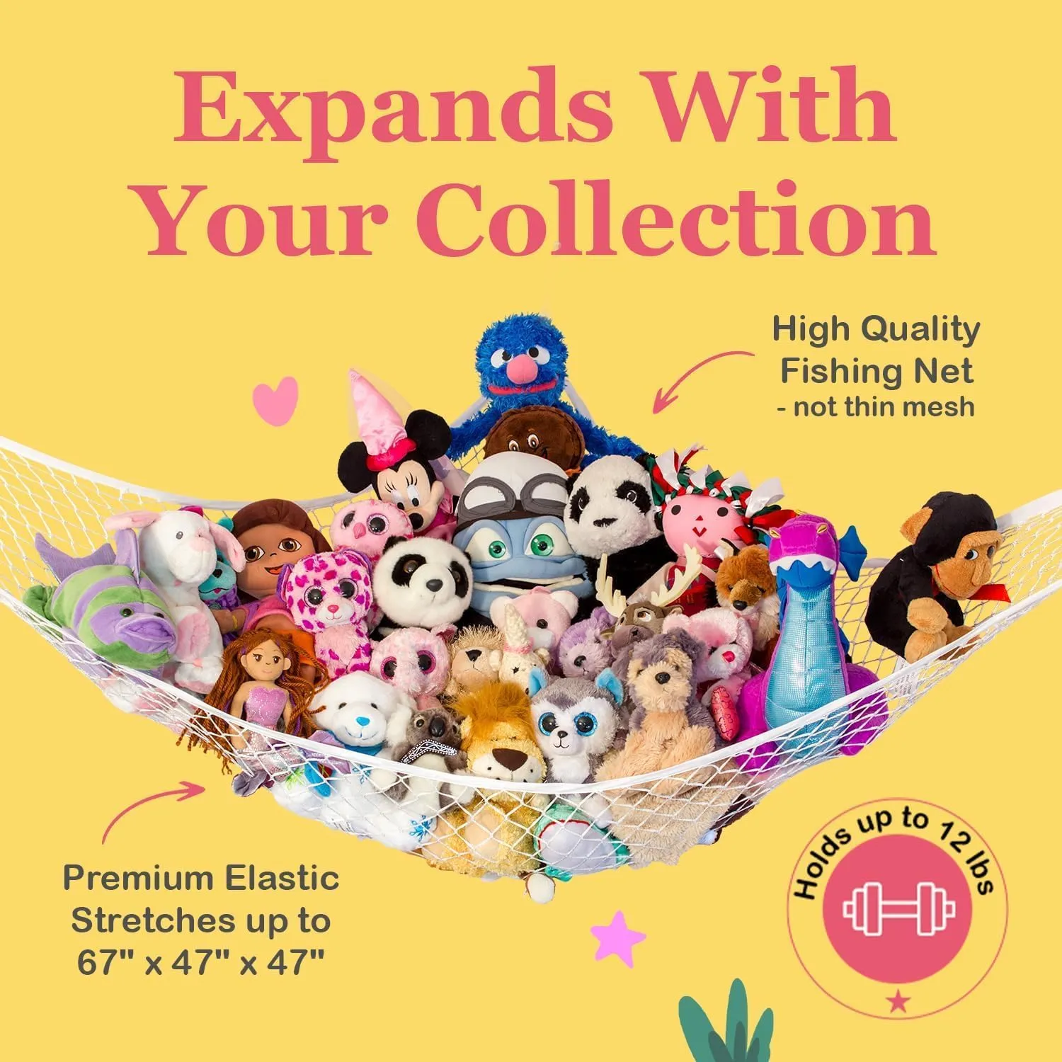 Lilly's Love Stuffed Animal Hammock | Corner Hanging Organizer, Stuffed Animal Storage | Easy to Hang Plushie Net w/Included Anchors & Hooks | Room & Bedroom Decor (Coral)