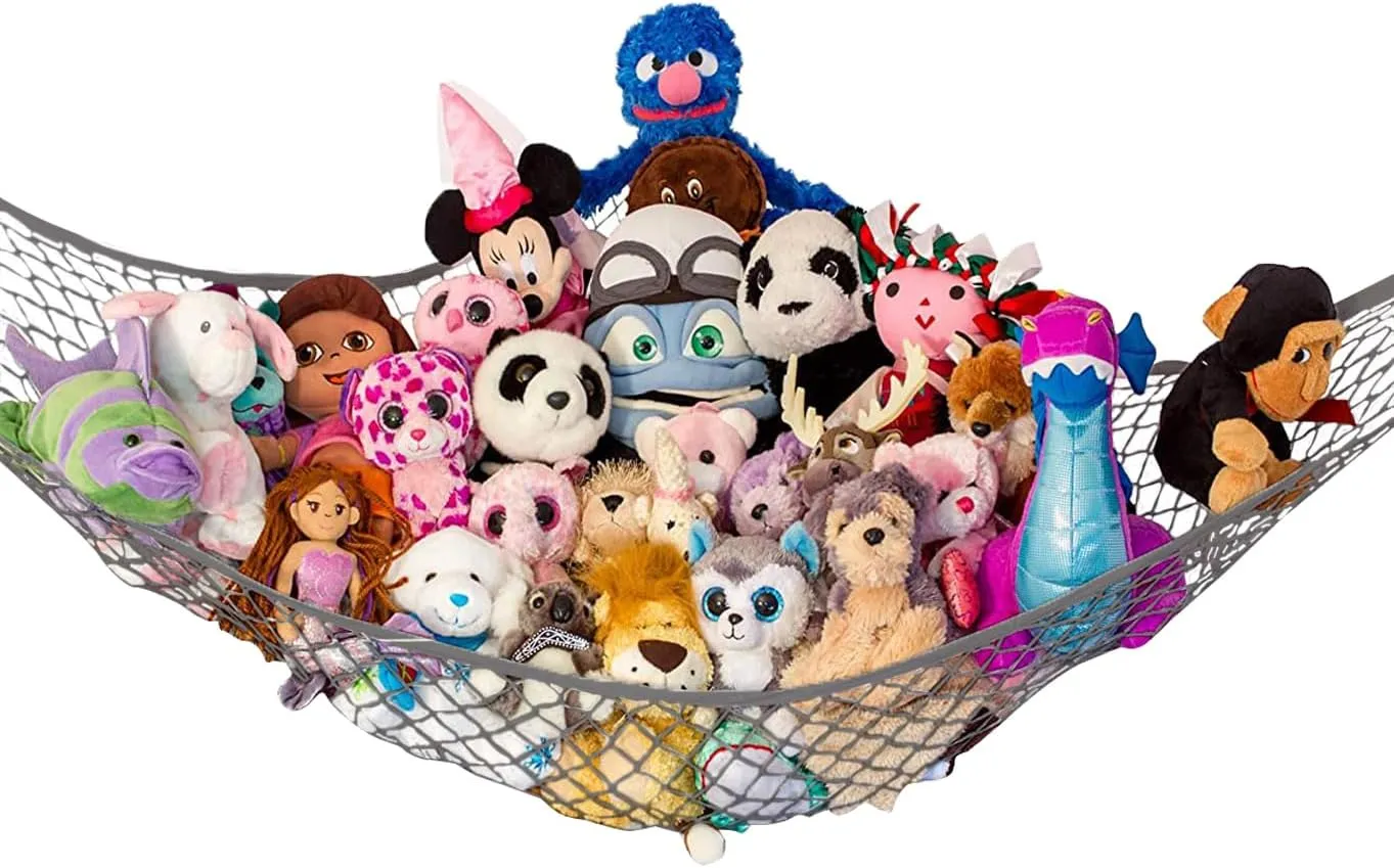 Lilly's Love Stuffed Animal Hammock | Corner Hanging Organizer, Stuffed Animal Storage | Easy to Hang Plushie Net w/Included Anchors & Hooks | Room & Bedroom Decor (Gray)