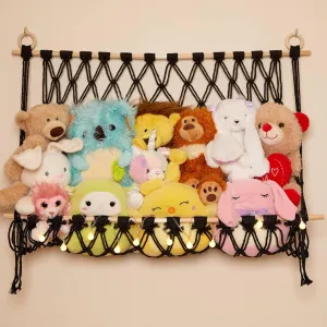 Lilly's Love Stuffed Animal Macrame Hammock Display Swing w/String Lights | Large Boho Style Rope Net Holder for Kids Toys | Hanging Corner Nursery Storage Organizer for Your Plushie Pets (Black)