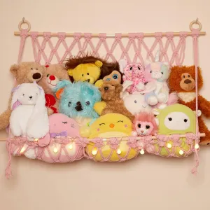 Lilly's Love Stuffed Animal Macrame Hammock Display Swing w/String Lights | Large Boho Style Rope Net Holder for Kids Toys | Hanging Corner Nursery Storage Organizer for Your Plushie Pets(Light Pink)