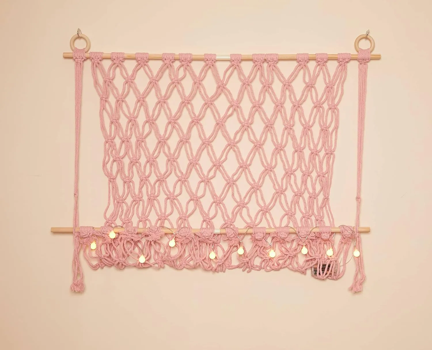 Lilly's Love Stuffed Animal Macrame Hammock Display Swing w/String Lights | Large Boho Style Rope Net Holder for Kids Toys | Hanging Corner Nursery Storage Organizer for Your Plushie Pets(Light Pink)