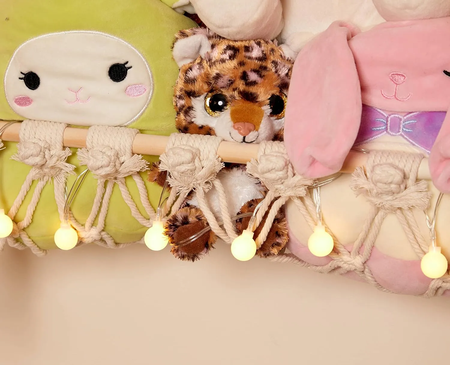 Lilly's Love Stuffed Animal Macrame Hammock Display Swing w/String Lights | Large Boho Style Rope Net Holder for Kids Toys | Hanging Corner Nursery Storage Organizer for Your Plushie Pets(Light Pink)