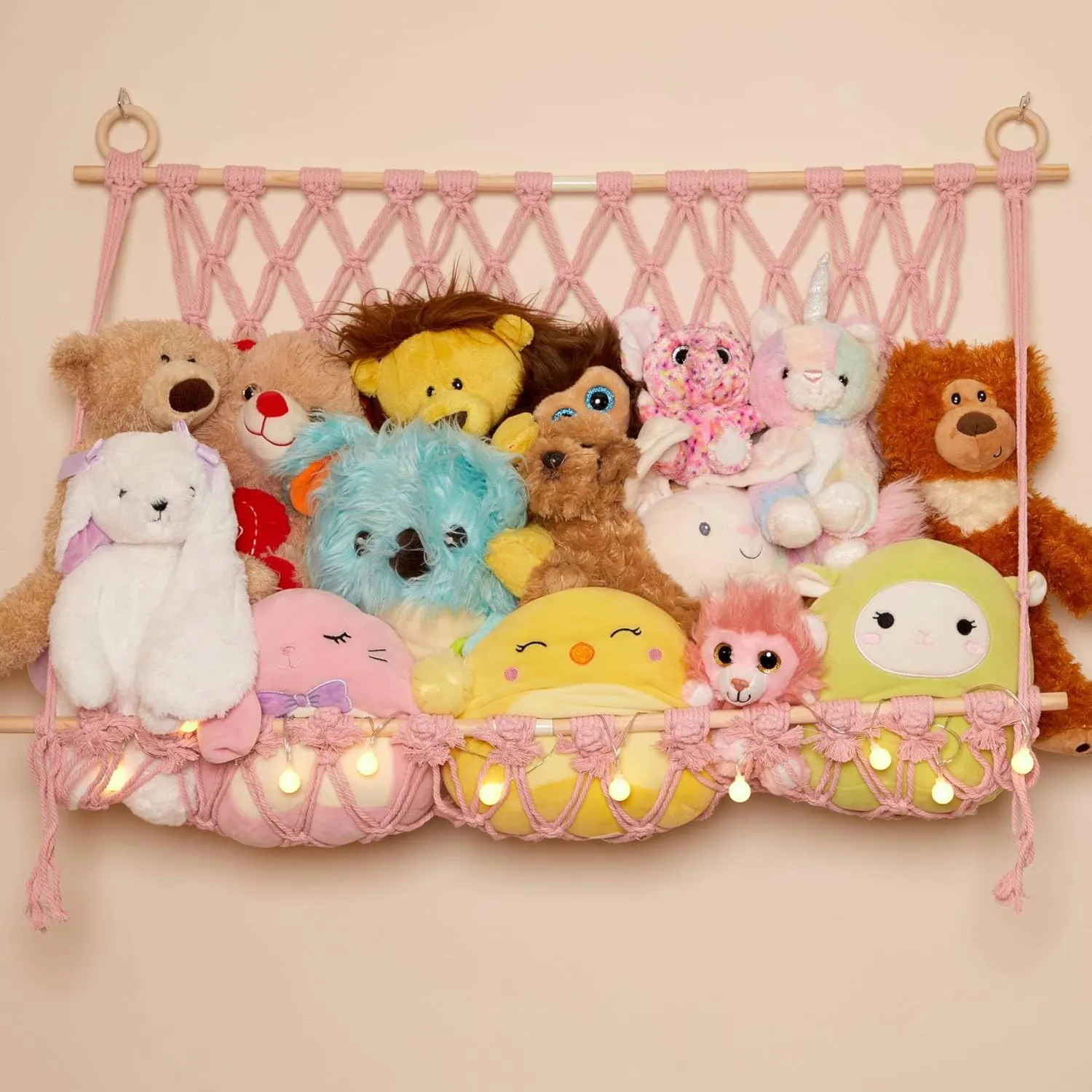 Lilly's Love Stuffed Animal Macrame Hammock Display Swing w/String Lights | Large Boho Style Rope Net Holder for Kids Toys | Hanging Corner Nursery Storage Organizer for Your Plushie Pets(Light Pink)