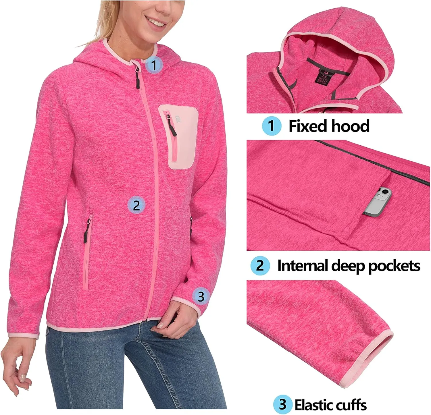 Little Donkey Andy Women's Lightweight Warm Polar Fleece Running Jacket Hooded Full-Zip Thermal Coat Hiking Travel Casual