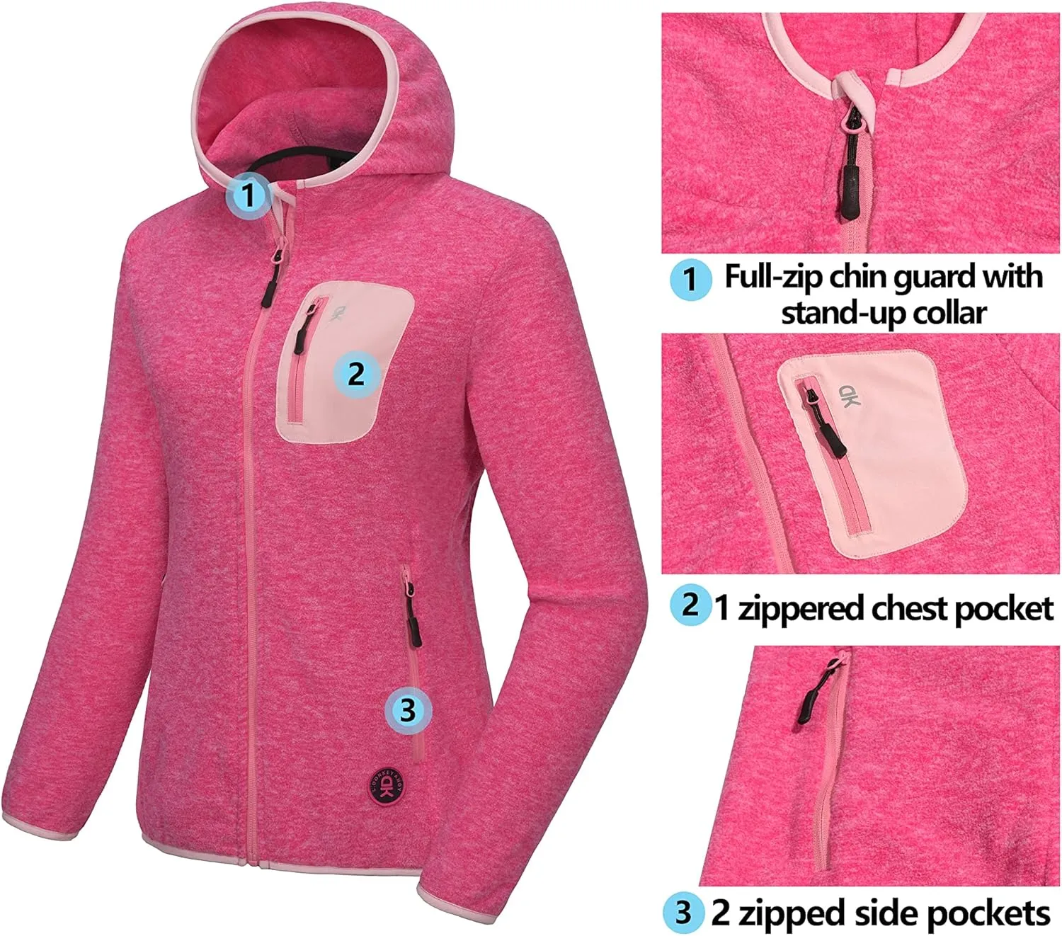 Little Donkey Andy Women's Lightweight Warm Polar Fleece Running Jacket Hooded Full-Zip Thermal Coat Hiking Travel Casual