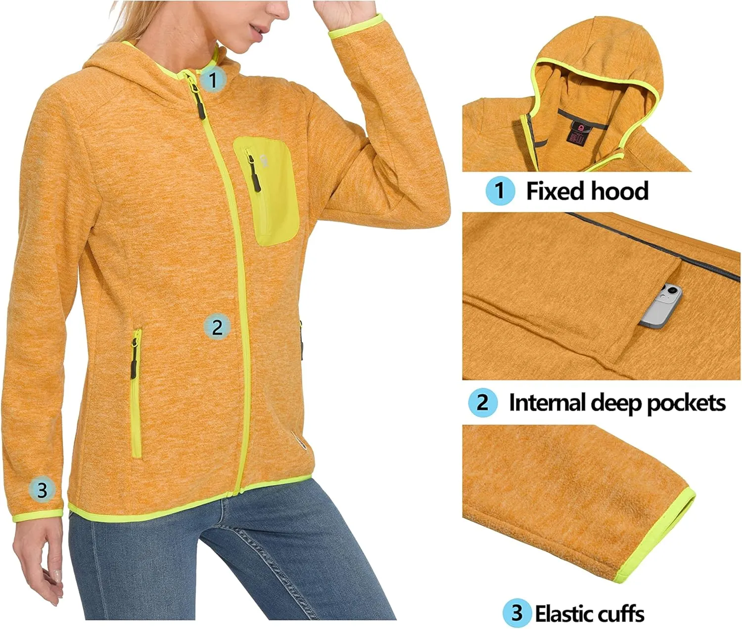 Little Donkey Andy Women's Lightweight Warm Polar Fleece Running Jacket Hooded Full-Zip Thermal Coat Hiking Travel Casual