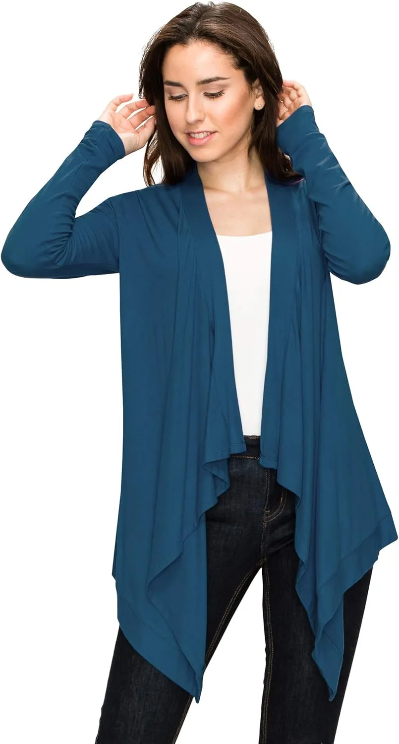 Lock and Love Women's Draped Front Open Asymmetrical Cardigan - Casual Long Sleeve Lightweight Duster