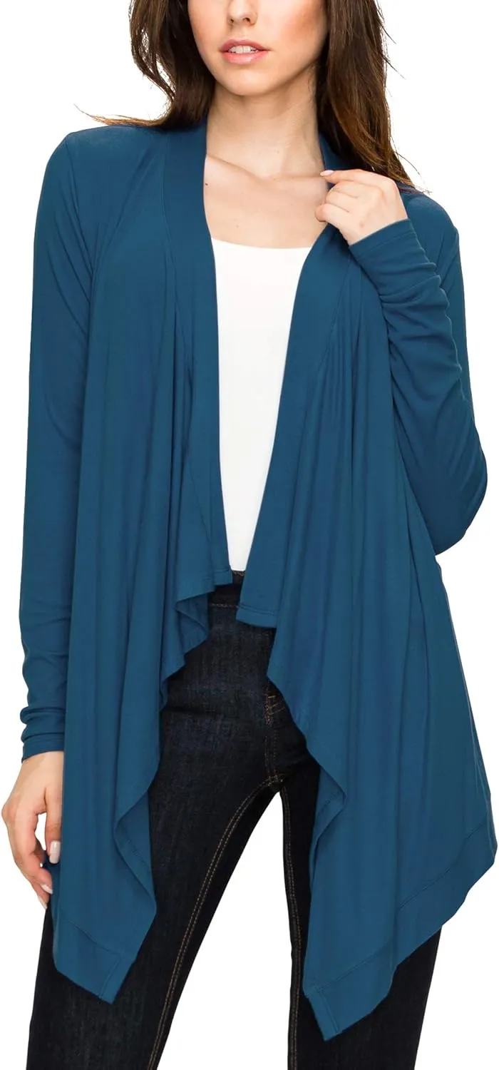Lock and Love Women's Draped Front Open Asymmetrical Cardigan - Casual Long Sleeve Lightweight Duster
