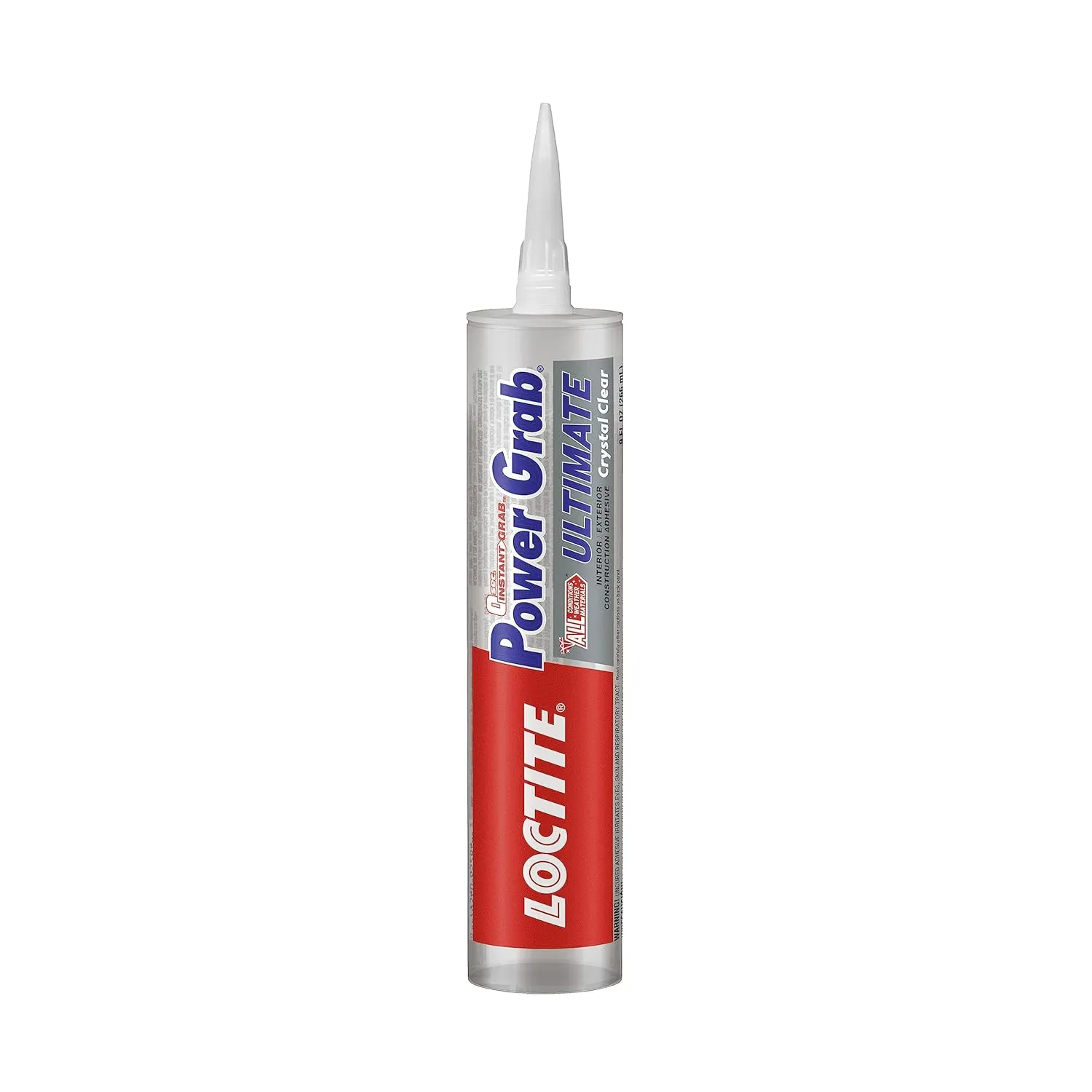 Loctite Power Grab Ultimate Crystal Clear Construction Adhesive - Versatile Construction Glue for Glass, Wood, Metal & More - 9 fl oz Cartridge, 1 Pack