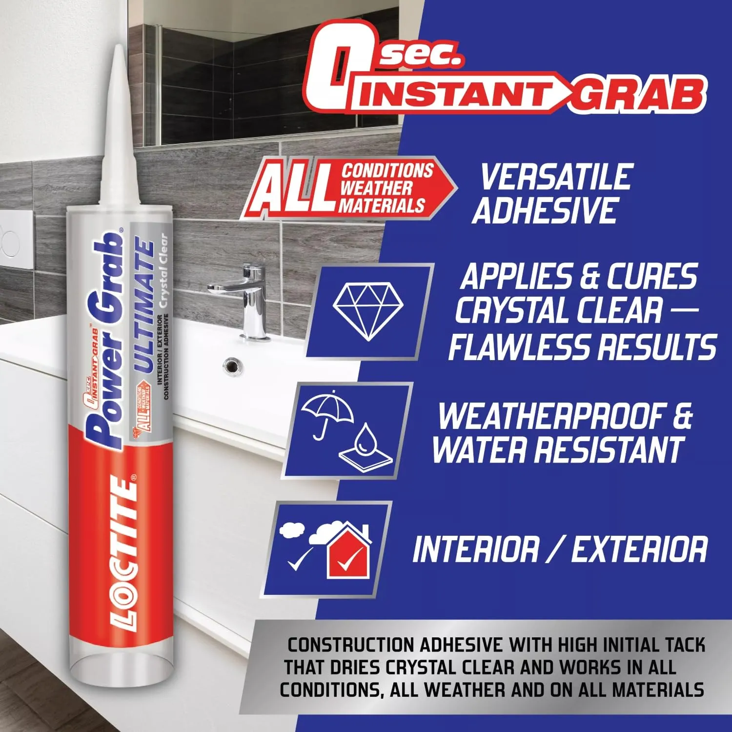 Loctite Power Grab Ultimate Crystal Clear Construction Adhesive - Versatile Construction Glue for Glass, Wood, Metal & More - 9 fl oz Cartridge, 1 Pack