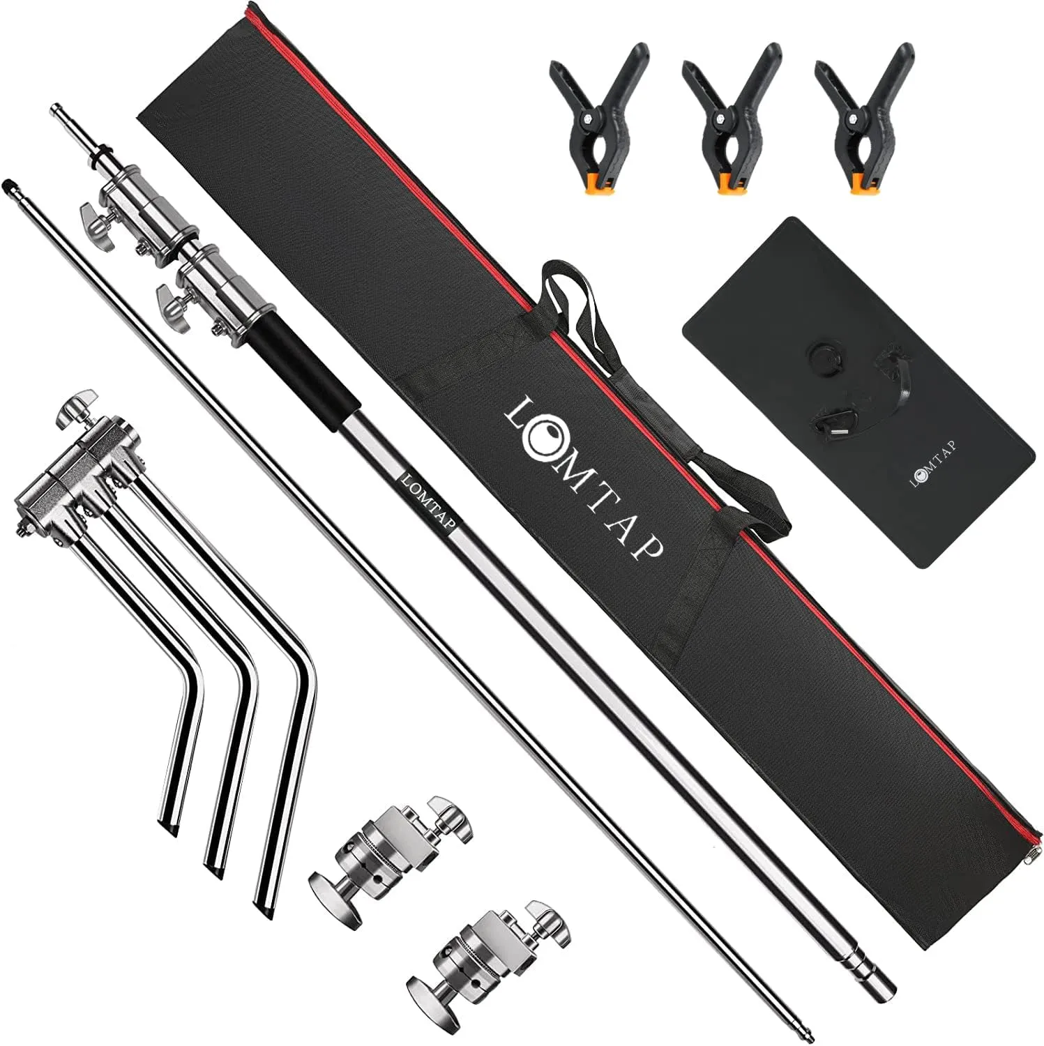 LOMTAP C Stand Light Stand Stainless Metal Photography Kit - Heavy Duty 6.8ft/210cm Vertical Pole, 2.8ft/87cm Boom Arm, Adjustable Base, Water Sandbag, 2 Grip Heads, 3 Clips for Softbox, Reflector